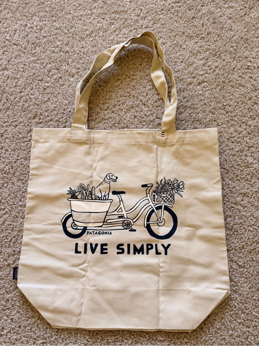 Patagonia Beige Canvas Tote with Bicycle & 'Live Simply' Print